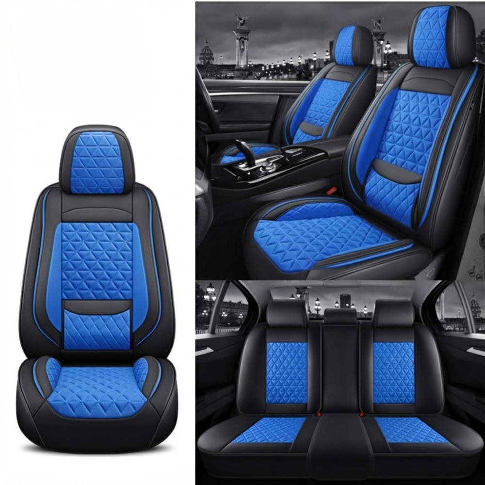 Housses de Siège Auto Sur-Mesure en Cuir Diamant - Noir & Bleu Luxe