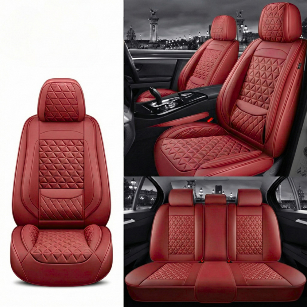Housses de Siège Auto Sur-Mesure en Cuir Diamant - Rouge Vin Luxe