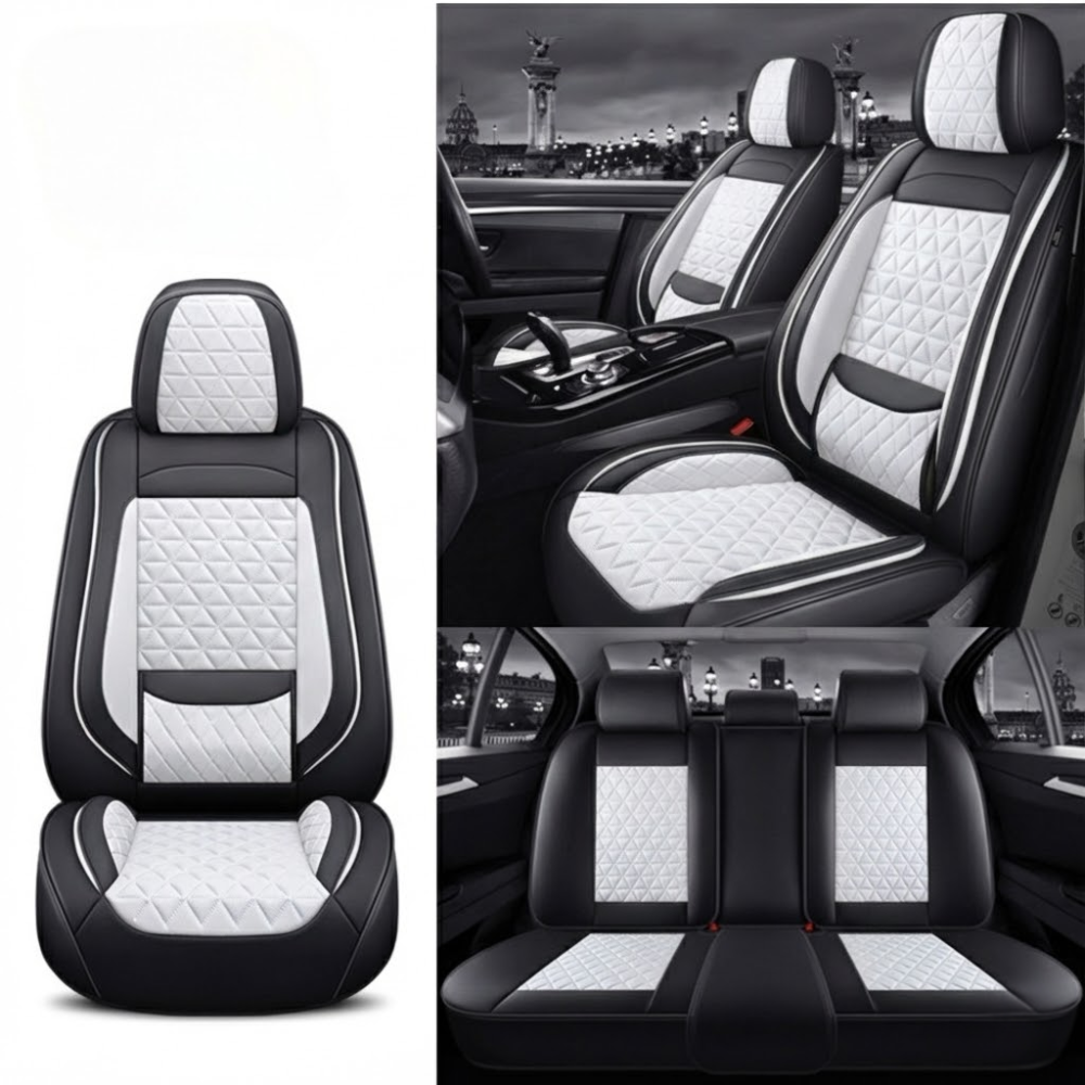 Housses de Siège Auto Sur-Mesure en Cuir Diamant - Noir & Blanc Luxe