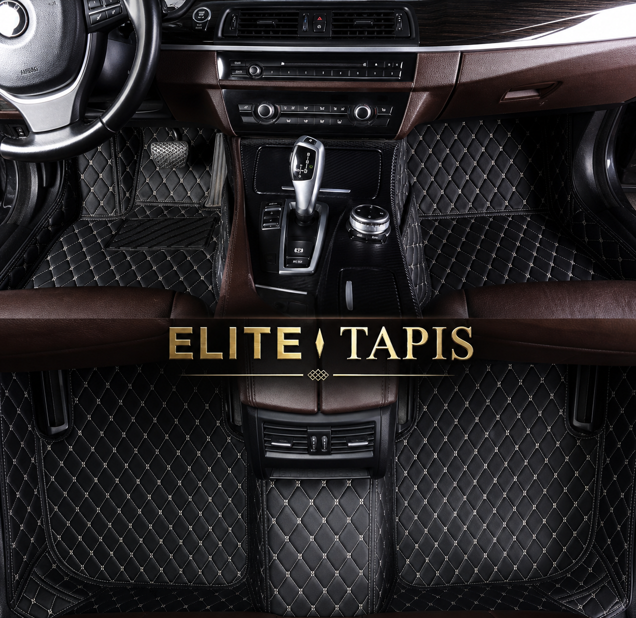 Tapis de Voiture Sur-Mesure en Cuir Diamant - Surpiqûres Blanches