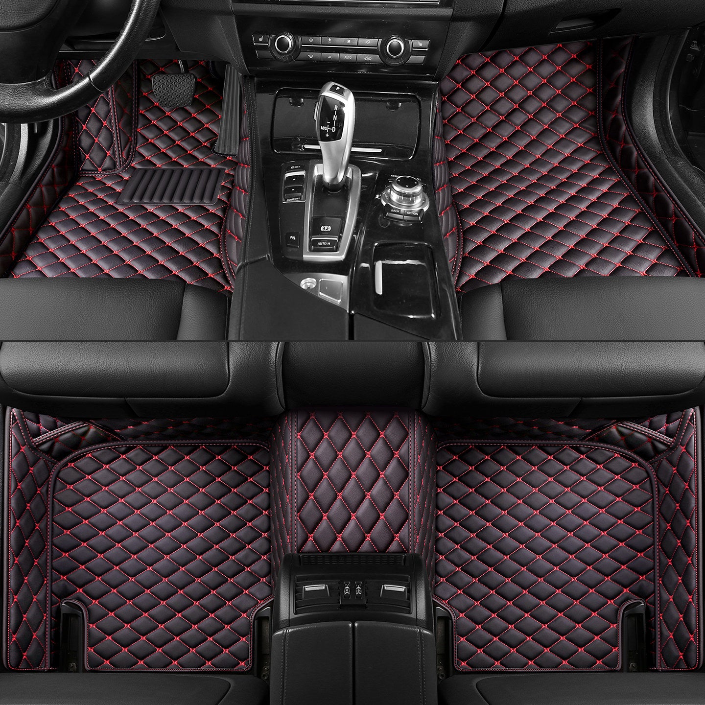 Tapis de Voiture Sur-Mesure en Cuir Diamant - Surpiqûres Rouges