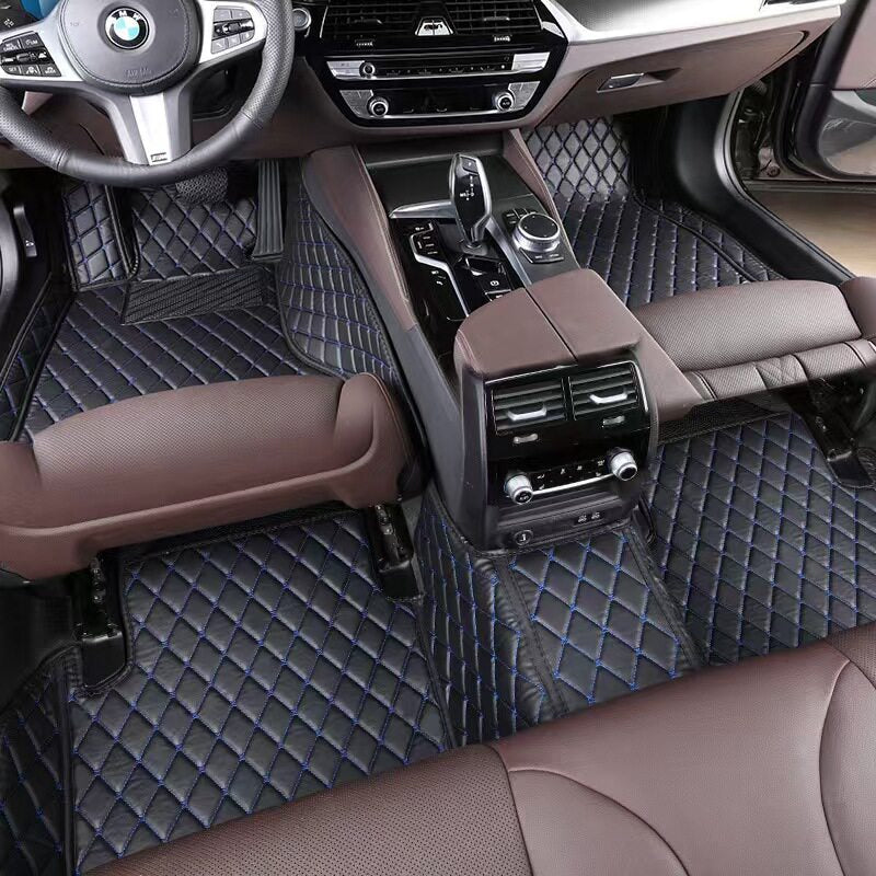 Tapis de Voiture Sur-Mesure en Cuir Diamant - Surpiqûres Bleues
