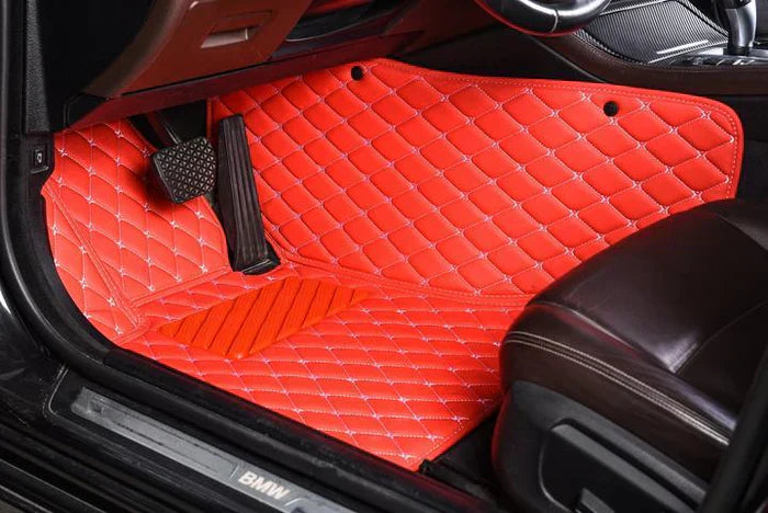 Tapis de Voiture Sur-Mesure Premium en Cuir - Surpiqûres Rouges